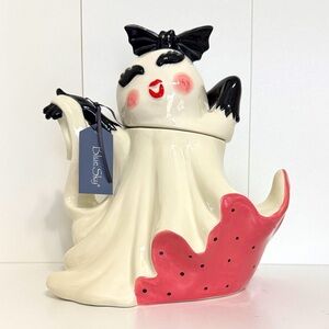 Blue Sky Dancing Girl Ghost Cookie Jar with Black Gloves and Bat Hat NWT